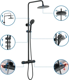 Auralum MAX - Regendouche met 38°C Thermostaatkraan - Regendouche en Handdouche - Verstelbare Hoogte 84-121 cm - Met 3 standen handdouche - Zwart