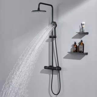 Auralum MAX - Regendouche met 38°C Thermostaatkraan - Regendouche en Handdouche - Verstelbare Hoogte 84-121 cm - Met 3 standen handdouche - Zwart