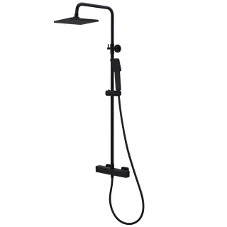 Regendouche – Doucheset – Douche Systeem – Douchekop – Thermostaatkraan – Mat Zwart – RVS Regendouche 22x22 cm – Thermostatische Veiligheid 38°C