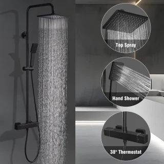 Regendouche – Doucheset – Douche Systeem – Douchekop – Thermostaatkraan – Mat Zwart – RVS Regendouche 22x22 cm – Thermostatische Veiligheid 38°C
