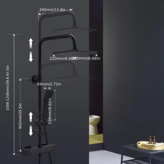 Regendouche – Doucheset – Douche Systeem – Douchekop – Thermostaatkraan – Mat Zwart – RVS Regendouche 22x22 cm – Thermostatische Veiligheid 38°C