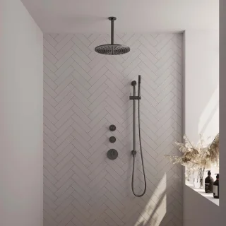 BRAUER Gunmetal Carving thermostatische inbouw regendouche SET 18 met 30 cm douchekop en plafondarm en staaf handdouche en doucheslang en geïntegreerde glijstang gunmetal geborsteld PVD