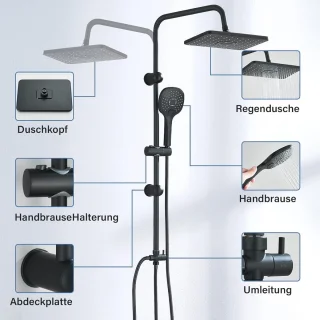 Doucheset zonder kraanarmatuur – complete douchesysteem met douchestang, douchekop, slang en houder, hoekige douchekop, zwarte doucheset