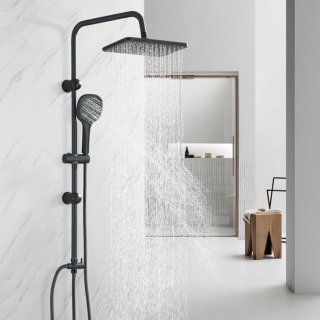 Doucheset zonder kraanarmatuur – complete douchesysteem met douchestang, douchekop, slang en houder, hoekige douchekop, zwarte doucheset review