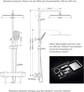 Hoogte verstelbare thermostatische douchekolom met chroom douchekop 30x30cm