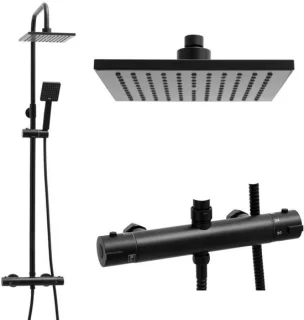 Doucheset Zwart met Regendouche 20cm en Thermostaatkraan - Moderne Badkamer Set