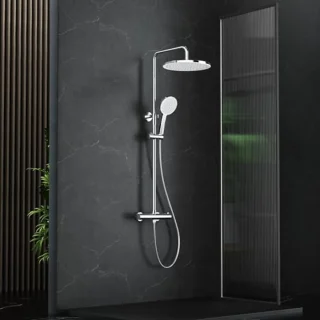 Douchesysteem met thermostaat en ronde regendouche, complete set met 5 straalsoorten, hoogte verstelbaar van 92-126 cm