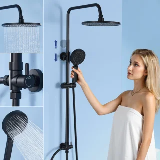 Auralum Max - Douche Set - Douchesysteem Regendouche - Zwart - RVS - Handdouche met 4 Functions - Duurzame Messing Omsteller voor Badkamer - Wandmontage