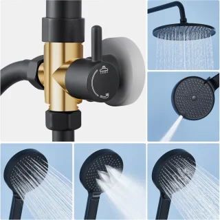 Auralum Max - Douche Set - Douchesysteem Regendouche - Zwart - RVS - Handdouche met 4 Functions - Duurzame Messing Omsteller voor Badkamer - Wandmontage