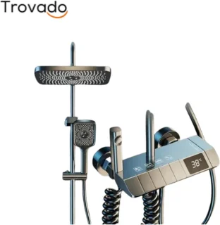 QPFO® Regendouche Compleet Douchesysteem - Vierkante Doucheset met Handdouche - Verstelbaar ABS - Grijs met Digitaal Temperatuur Display