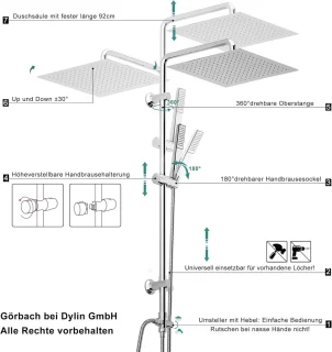RFWR® Regendouche Douchesysteem met Handdouche en Douchekop 30x30cm - Roestvrij Stalen Douchekolom voor Badkamer