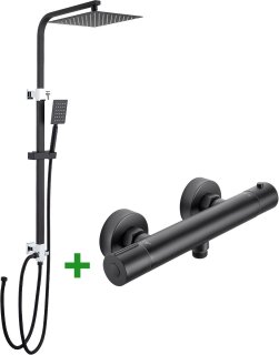 De Auralum MAX douchesysteem met thermostaat - Doucheset - Regendouche en Handdouche - Waterbesparend - 10 inch Douchekop - Zwart in één oogopslag