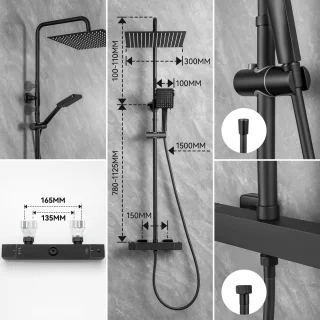 DERW Max Regendouche met Thermostaatkraan - Ø 30 cm Douchesysteem - Handdouche Met 6 standen - Waterbesparend - zwart - Thermostatische Mengkraan