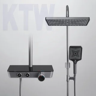 Doucheset thermostaat regendouche handdouche 3 straalsterktes glazen plank KTW-certificering antraciet mat regendouche zonder kraan