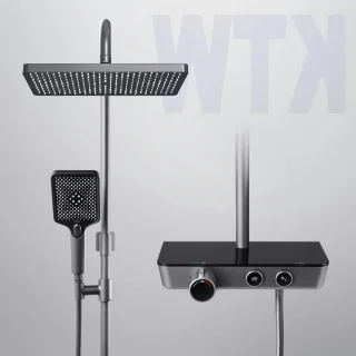 Doucheset thermostaat regendouche handdouche 3 straalsterktes glazen plank KTW-certificering antraciet mat regendouche zonder kraan
