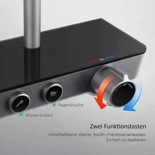 Doucheset thermostaat regendouche handdouche 3 straalsterktes glazen plank KTW-certificering antraciet mat regendouche zonder kraan