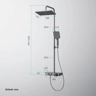 Doucheset thermostaat regendouche handdouche 3 straalsterktes glazen plank KTW-certificering antraciet mat regendouche zonder kraan