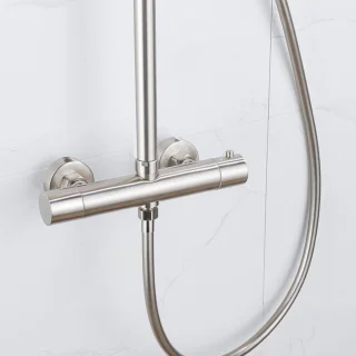 Fortifura Calvi Regendoucheset - thermostatisch - 25cm hoofddouche - gladde slang - ronde handdouche - Geborsteld RVS PVD
