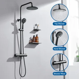Auralum max - Regendouche met Thermostaatkraan - - Doucheset Zwart - Regendouche en Handdouche - 9 inch Douchekop - Waterbesparend