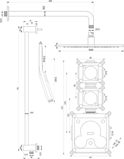 Thermostatische inbouw regendouche set 22 - 30 cm douchekop - gebogen muurarm - 3-standen handdouche - doucheslang - geïntegreerde glijstang - mat zwart