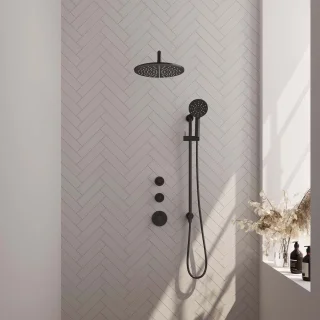 Thermostatische inbouw regendouche set 22 - 30 cm douchekop - gebogen muurarm - 3-standen handdouche - doucheslang - geïntegreerde glijstang - mat zwart