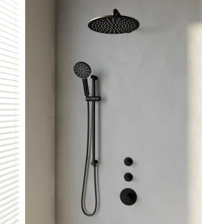 Thermostatische inbouw regendouche set 22 - 30 cm douchekop - gebogen muurarm - 3-standen handdouche - doucheslang - geïntegreerde glijstang - mat zwart