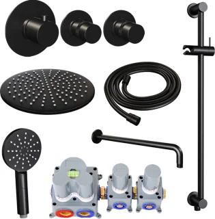 Thermostatische inbouw regendouche set 22 - 30 cm douchekop - gebogen muurarm - 3-standen handdouche - doucheslang - geïntegreerde glijstang - mat zwart
