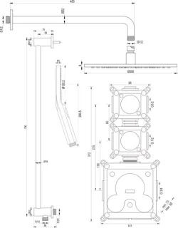 Thermostatische inbouw regendouche set 22 - 30 cm douchekop - gebogen muurarm - 3-standen handdouche - doucheslang - geïntegreerde glijstang - mat zwart