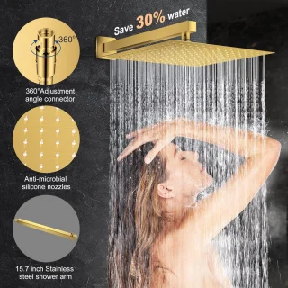 12 Inch Geborsteld Goud Douchesysteem Wandmontage Ruw-inbouwkraan en Trimset