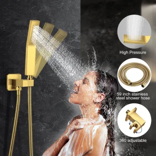 12 Inch Geborsteld Goud Douchesysteem Wandmontage Ruw-inbouwkraan en Trimset