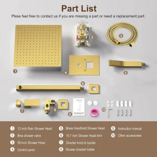 12 Inch Geborsteld Goud Douchesysteem Wandmontage Ruw-inbouwkraan en Trimset