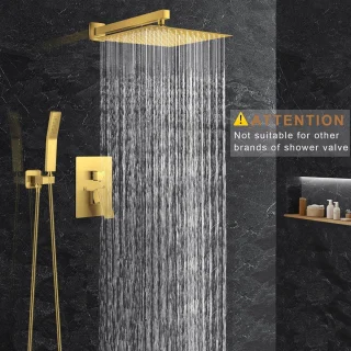 12 Inch Geborsteld Goud Douchesysteem Wandmontage Ruw-inbouwkraan en Trimset