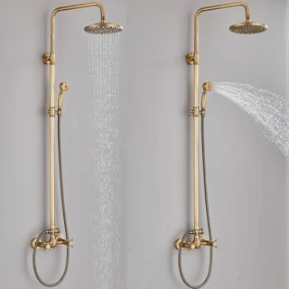 Antiek messing doucheset met regendouche en handdouche