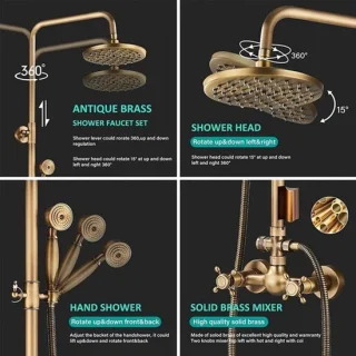 Antiek messing doucheset met regendouche en handdouche