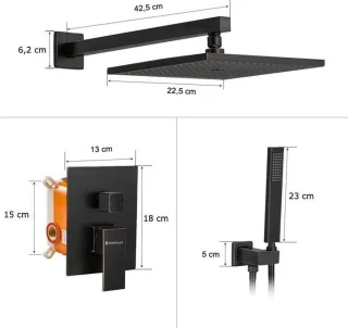 Aqualux Wellness Regendouchekop Vierkant Zwart - Complete Set