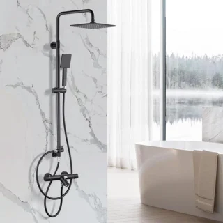 Arcora douchesysteem met thermostaat, zwart, compleet set met 23 cm hoofddouche en handdouche met 2