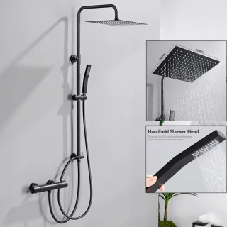 Auralum Max douchesysteem met regendouche 25 cm en vierkant handdouche, mat zwart