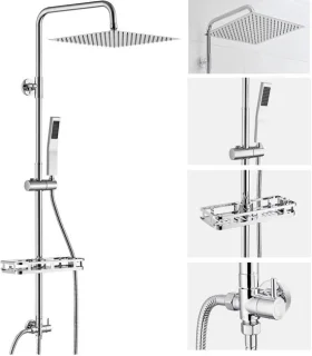 Auralum Max Douchesysteem - Regendouche Ø 30 cm - Met Vierkant Handdouche en Plankje - RVS Doucheset - Verstelbare Hoogte 72-110 cm - Regendoucheset - Waterbesparend - Chroom