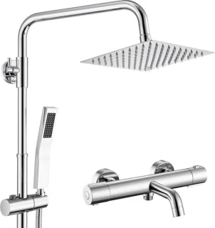 Auralum Max egendouche met Thermostaatkraan Badkraan - Compleet 3 Functies Doucheset - Met CoolTouch technologie - Vierkante Design - Verstelbare Hoogte 72-110 cm - Waterbesparend - Chroom