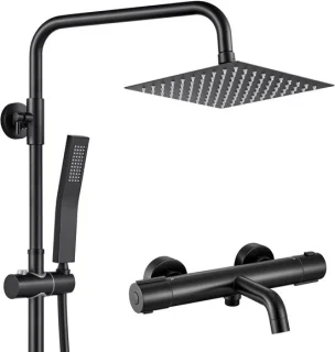 Auralum Max egendouche met Thermostaatkraan Badkraan - Compleet 3 Functies Doucheset - Met CoolTouch technologie - Vierkante Design - Verstelbare Hoogte 72-110 cm - Waterbesparend - Zwart