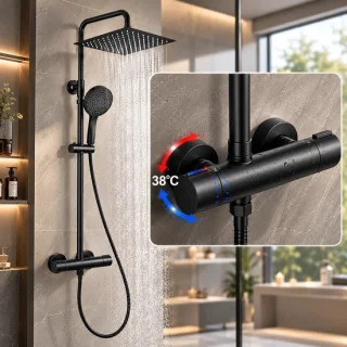 Auralum Max Luxe messing regendoucheset met thermostaatkraan, zwart