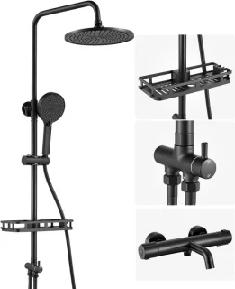 Auralum Max Regendouche met Thermostaatkraan - Inclusief Thermostatische Badkraan en planchet - Doucheset Zwart - 10 inch Douchekop - Handdouche met 4 functies - Rond Design - Waterbesparend