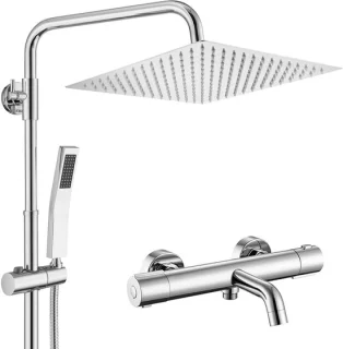 Auralum Max Regendouche met Thermostaatkraan - Ø 25 cm Douchesysteem - Vierkant Handdouche - RVS Doucheset - Inclusief Thermostatische Badkraan - Verstelbare Hoogte 72-110 cm - Regendoucheset - Waterbesparend - Chroom