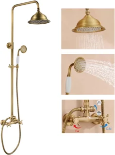 Auralum max Regendouche - Retro Doucheset - Regendouche en Handdouche - 8 inch Douchekop - Antiek Messing Douchesysteem - Verstelbare Hoogte 88-126 cm - Waterbesparend - Goud