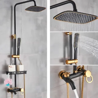 Botec Douche Set Regendouche Zwart-Goud 20 cm