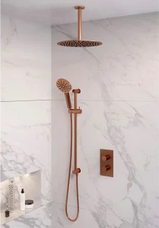 Brauer Copper Edition Regendouche Set 48 Thermostaatkraan Inbouw Plafond 30cm Rond Geborsteld Koper PVD