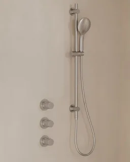 Caral inbouwthermostaat met 2 stopkranen en Beam hoofddouche, glijstang en handdouche van geborsteld staal
