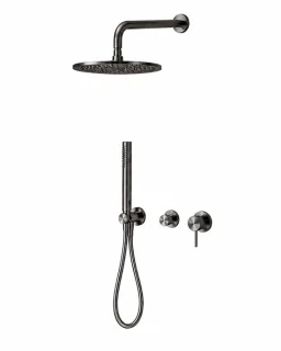 Complete inbouw regendoucheset ø300mm gun metal met staafhanddouche en wandarm