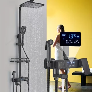 CozyLiving Regendouche Zwart met Thermostaatkraan 9 Inch