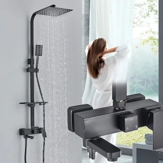 CozyLiving Regendouche Zwart met Thermostaatkraan 9 Inch
